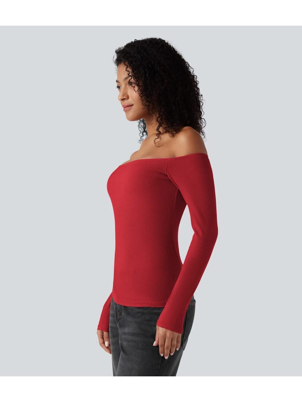 Halara Ribbed Knit Off Shoulder Long Sleeve 2-in-1 Casual Top Red Size Large - Picture 7 of 10